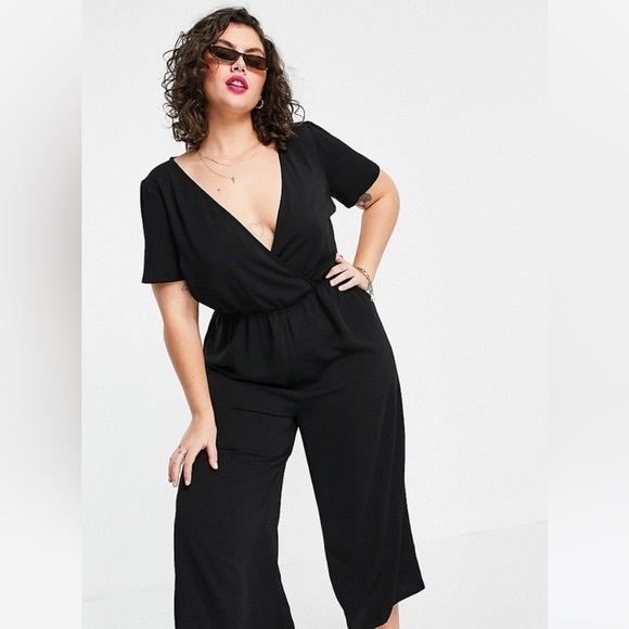 ASOS Curve Pants - ASOS DESIGN curve wrap waist culotte jumpsuit in black